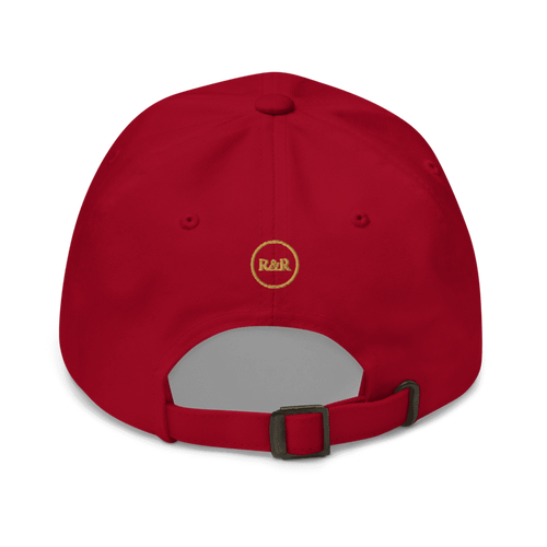Grace Upon Grace Embroidered Hat in Cranberry, back with R&R mark