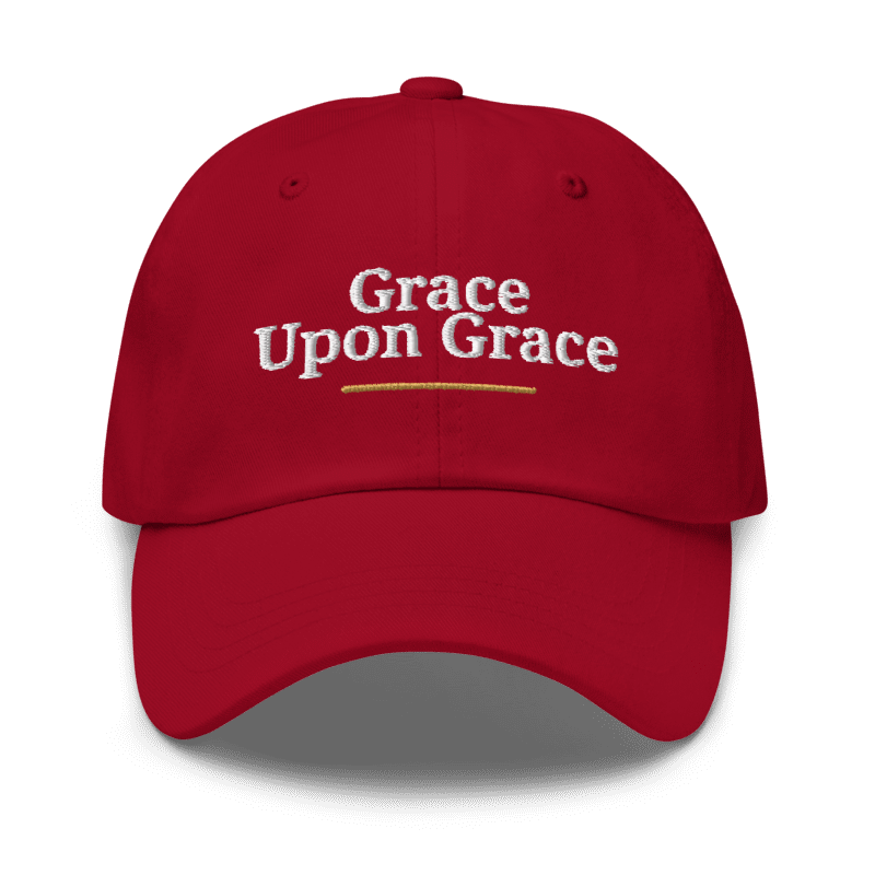 Grace Upon Grace Embroidered Hat in Cranberry, front