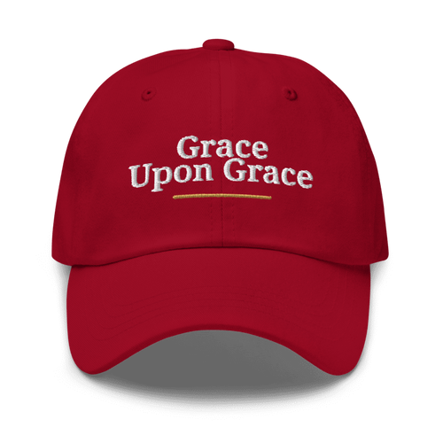 Grace Upon Grace Embroidered Hat in Cranberry, front