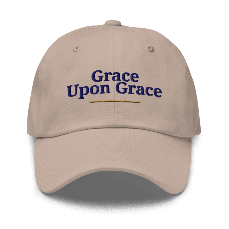 Grace Upon Grace Embroidered Hat in Stone, front