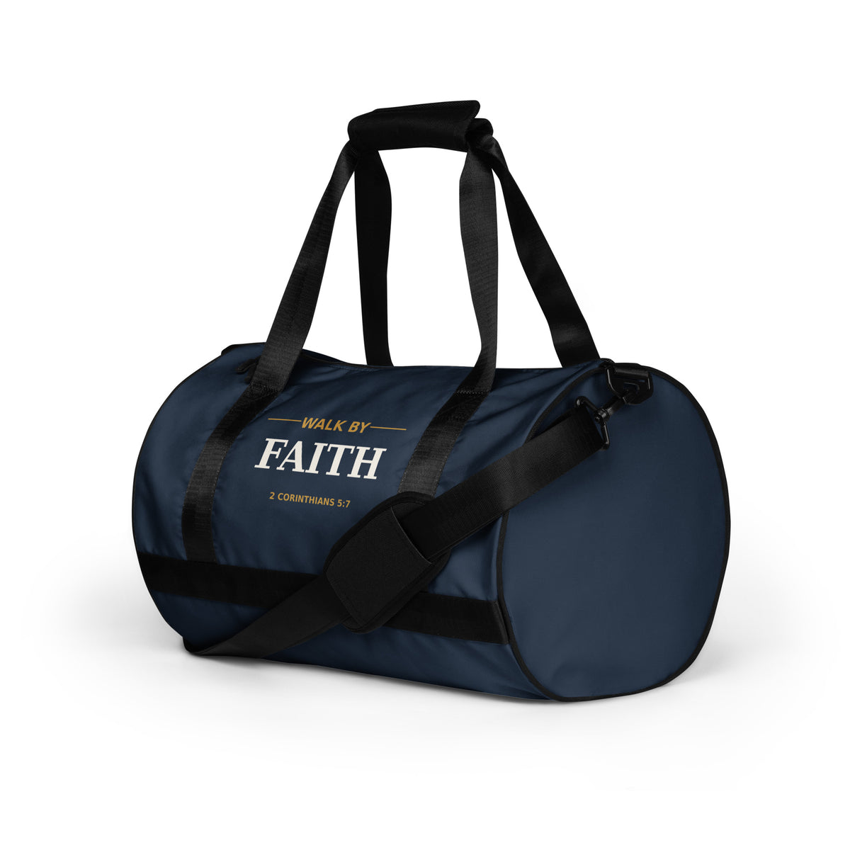 Walk by Faith Gym Bag – All-Over Print Gym Bag, left side angle view