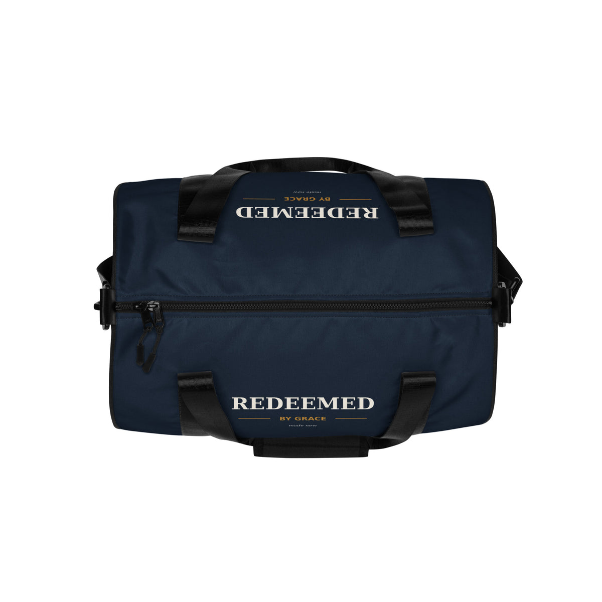 Redeemed Gym Bag – All-Over Print Gym Bag, top view