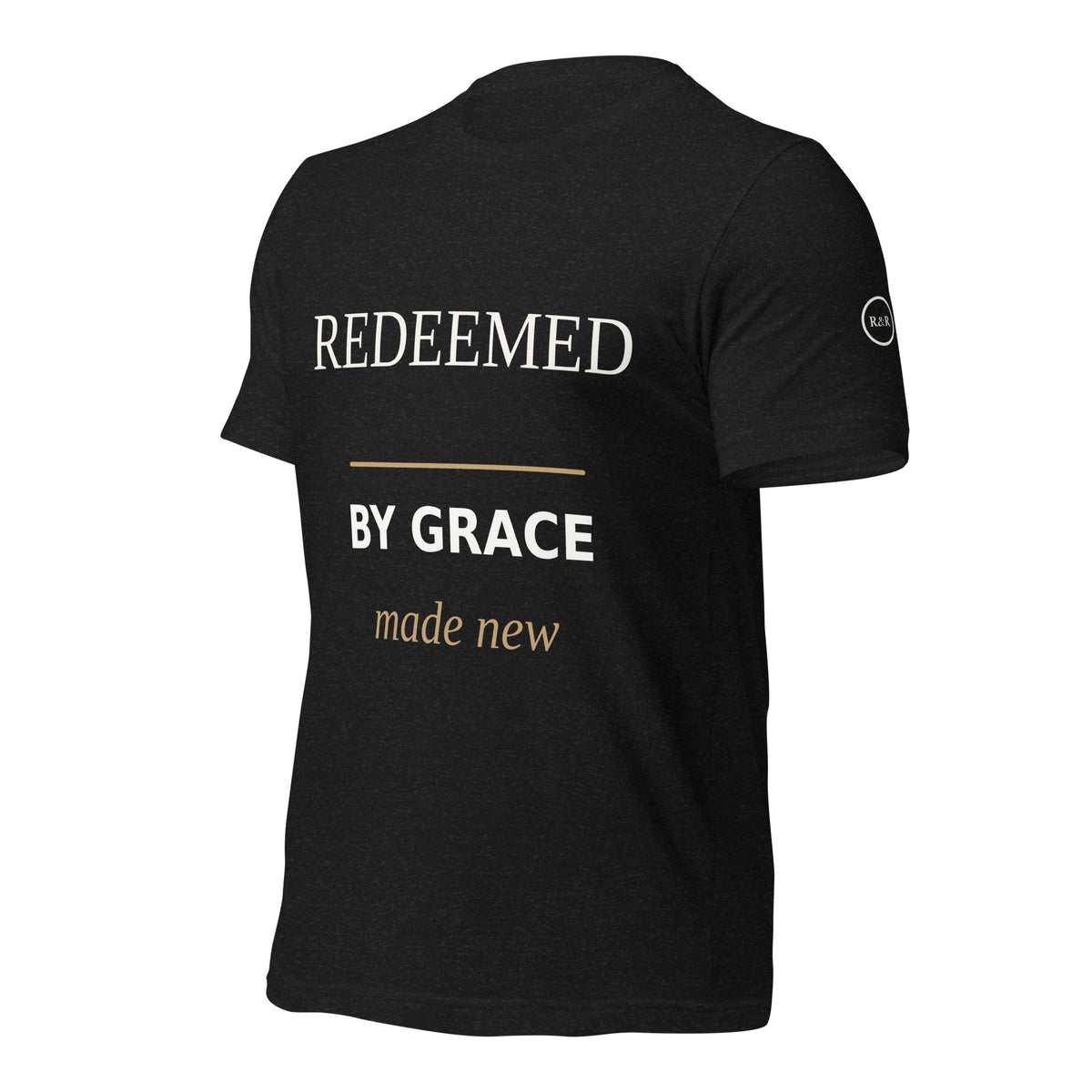 Redeemed — By Grace Tee in Black Heather, Left Front