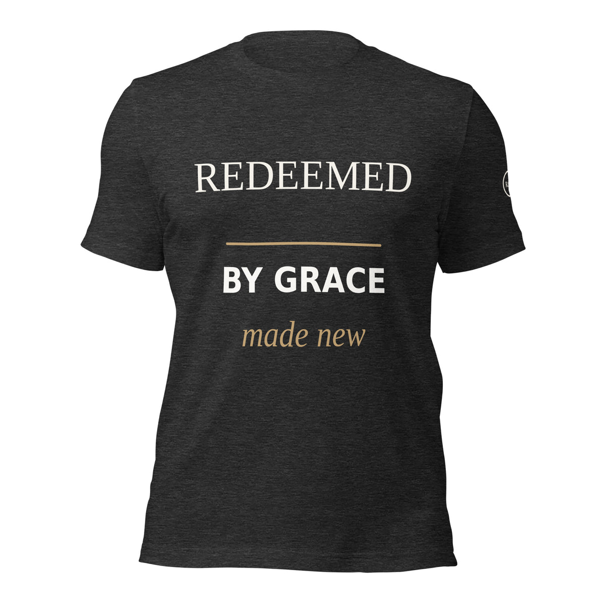 Redeemed — By Grace Tee in Dark Grey Heather, Front