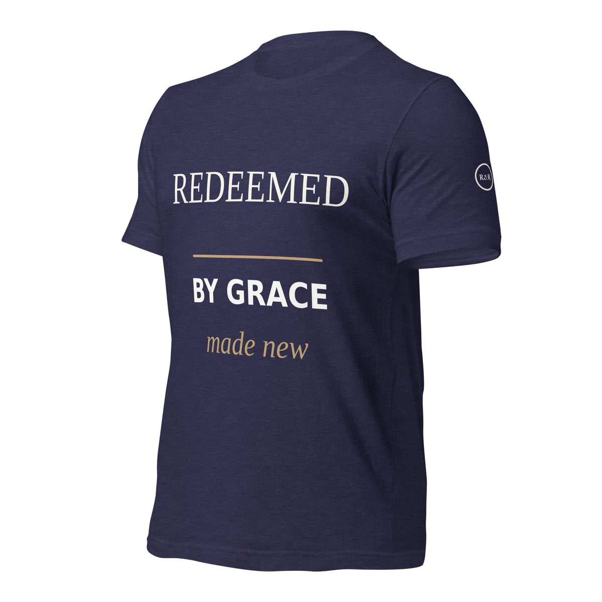 Redeemed — By Grace Tee in Heather Midnight Navy, Left Front