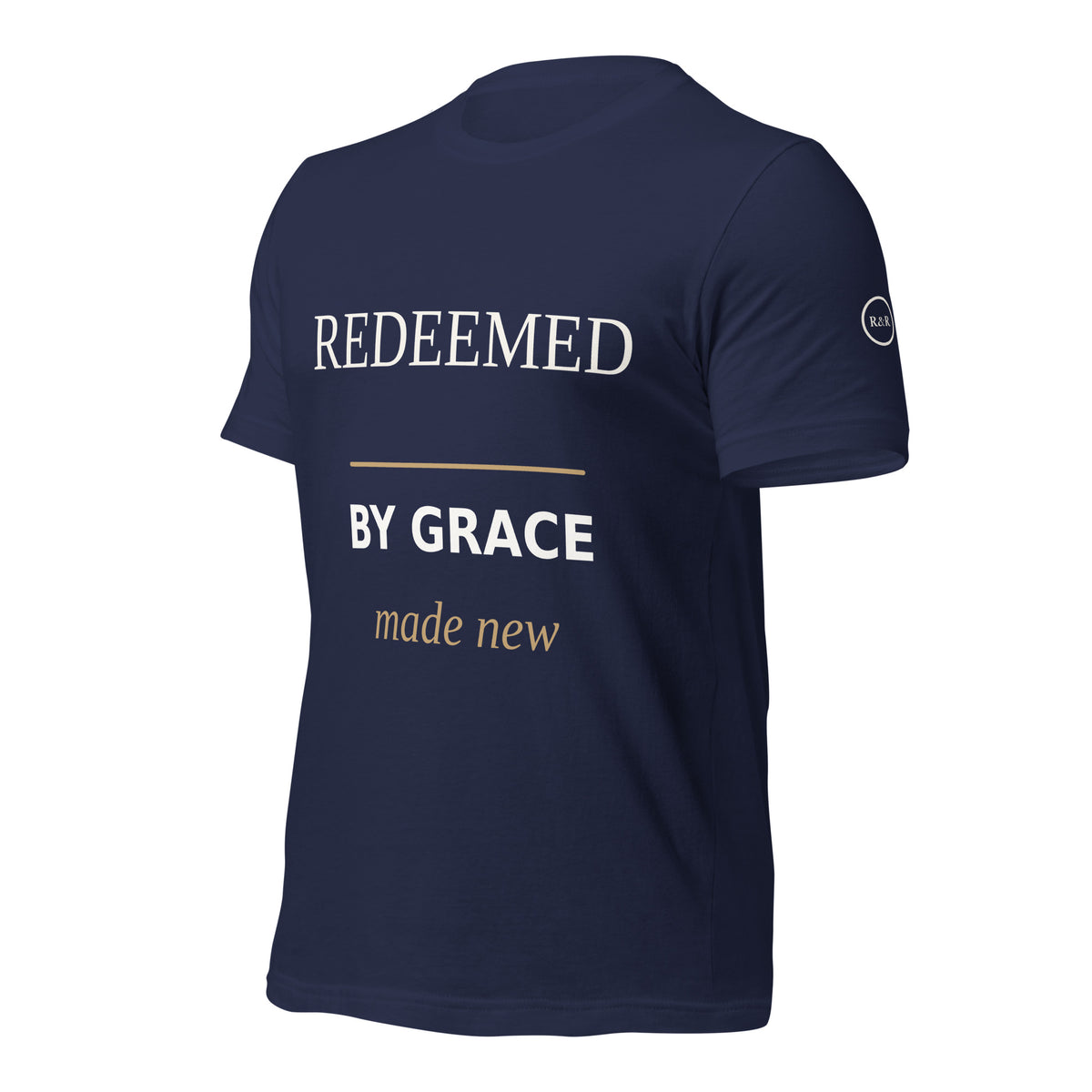Redeemed — By Grace Tee in Navy, Left Front
