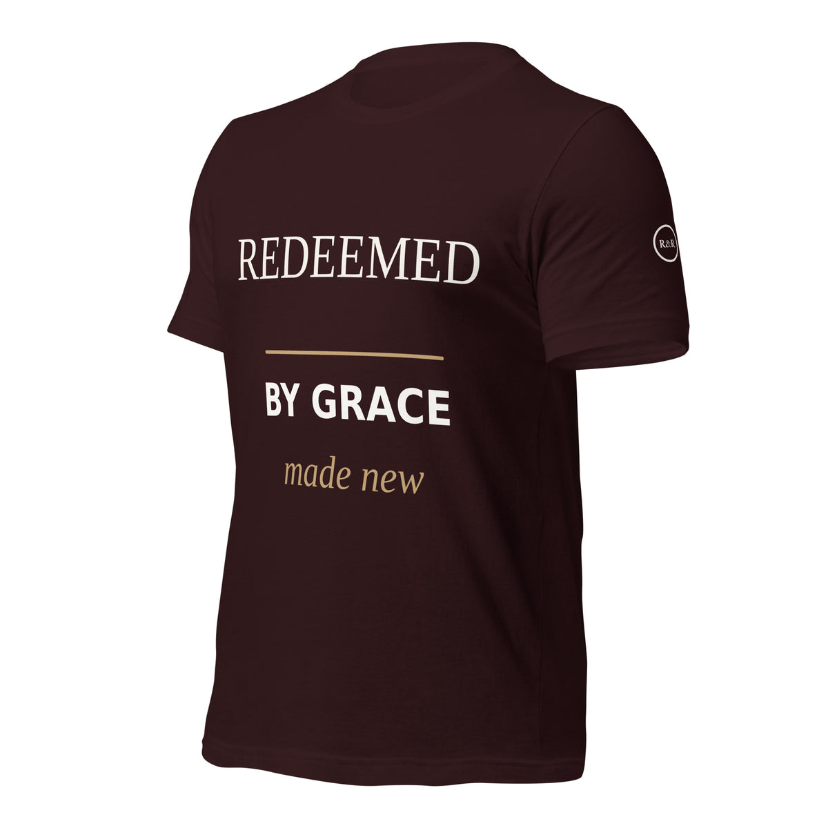 Redeemed — By Grace Tee in Oxblood Black, Left Front