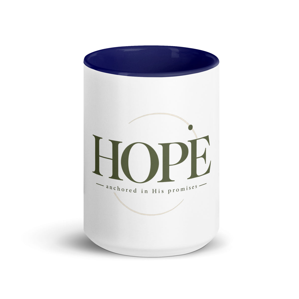 Hope — Anchored in His Promises Mug in Dark Blue, 15 oz, Front