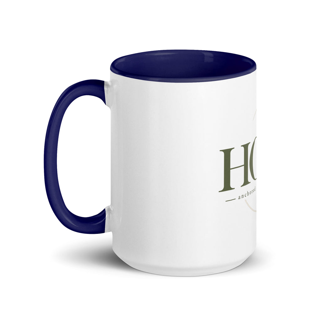 Hope — Anchored in His Promises Mug in Dark Blue, 15 oz, Left