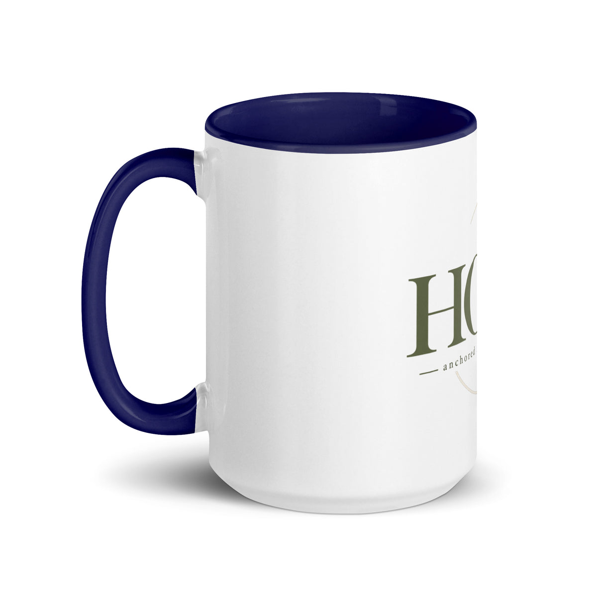 Hope — Anchored in His Promises Mug in Dark Blue, 15 oz, Left