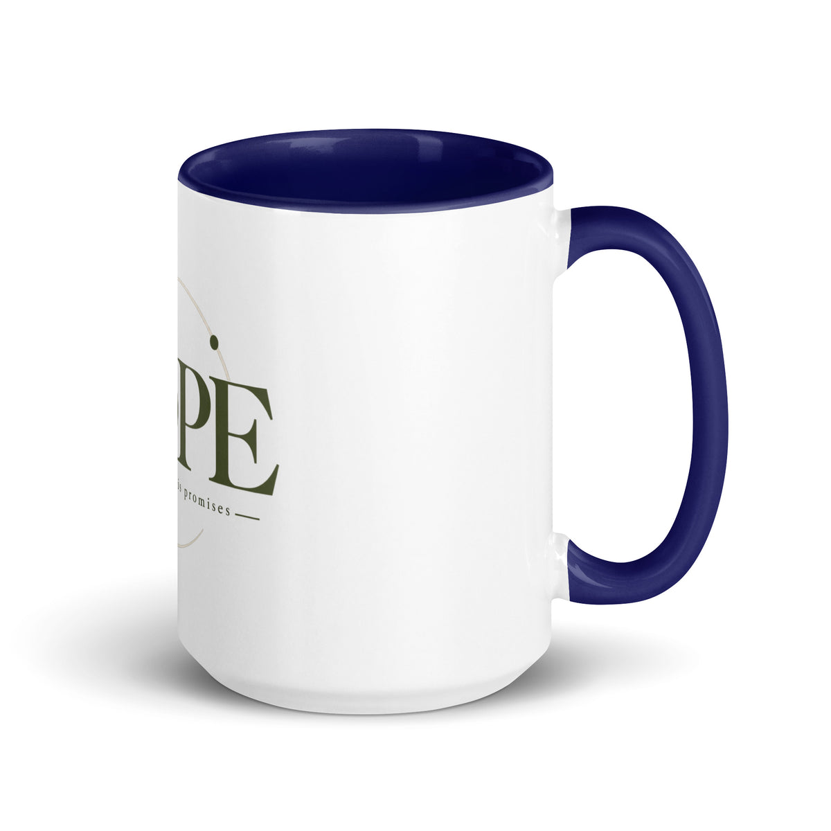Hope — Anchored in His Promises Mug in Dark Blue, 15 oz, Right
