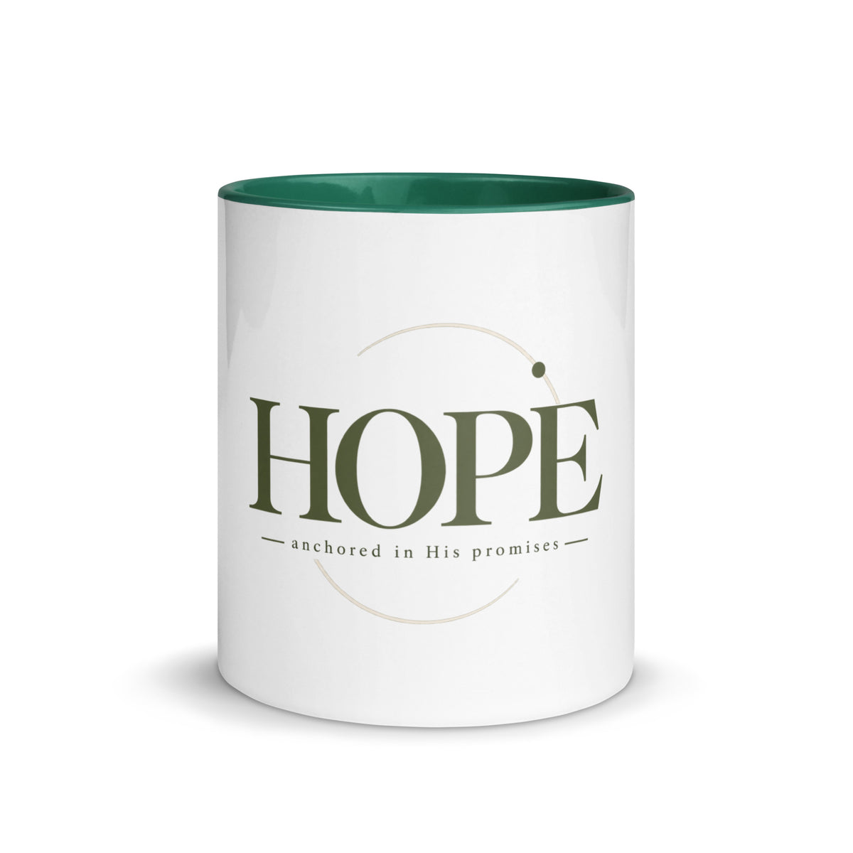 Hope — Anchored in His Promises Mug in Dark Green, 11 oz, Front