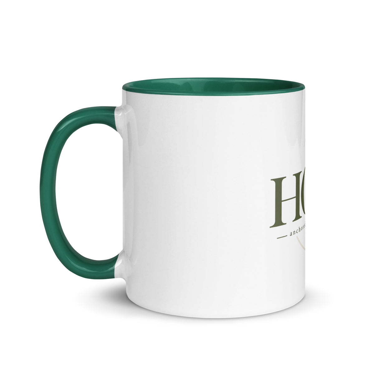 Hope — Anchored in His Promises Mug in Dark Green, 11 oz, Left