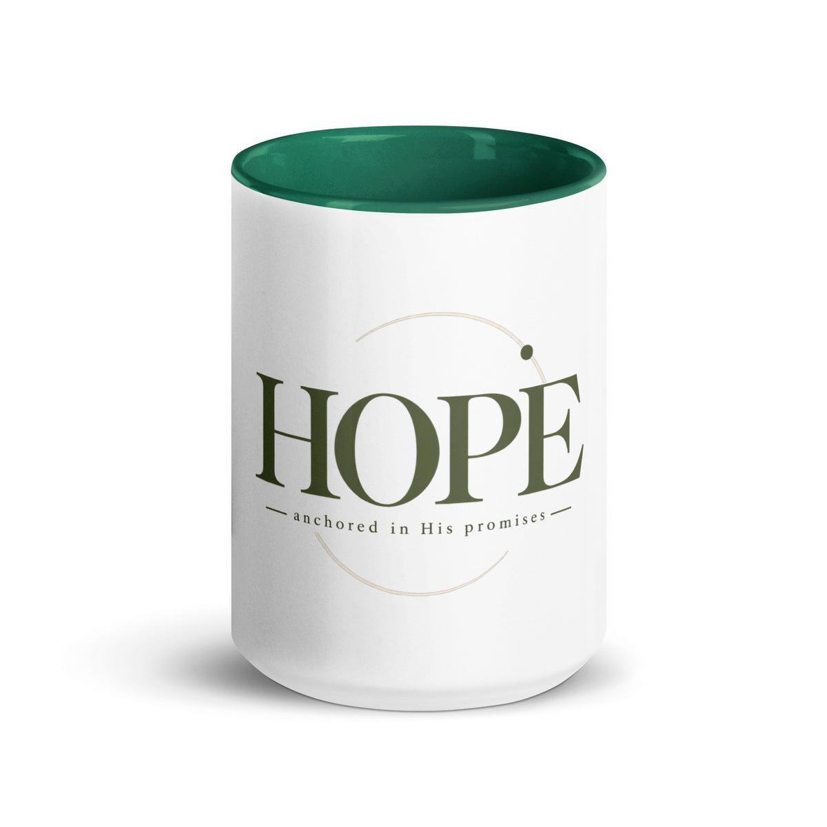 Hope — Anchored in His Promises Mug in Dark Green, 15 oz, Front