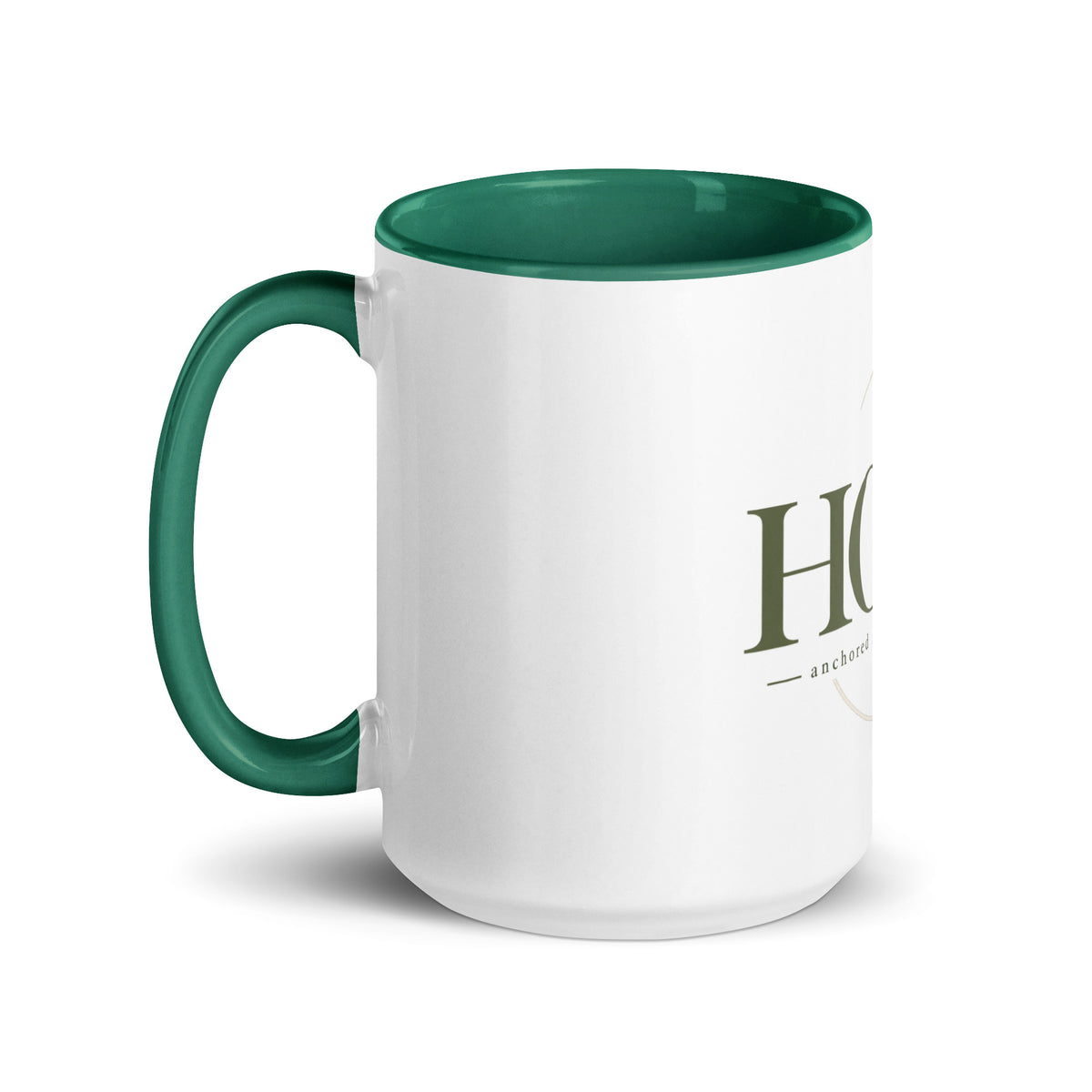 Hope — Anchored in His Promises Mug in Dark Green, 15 oz, Left