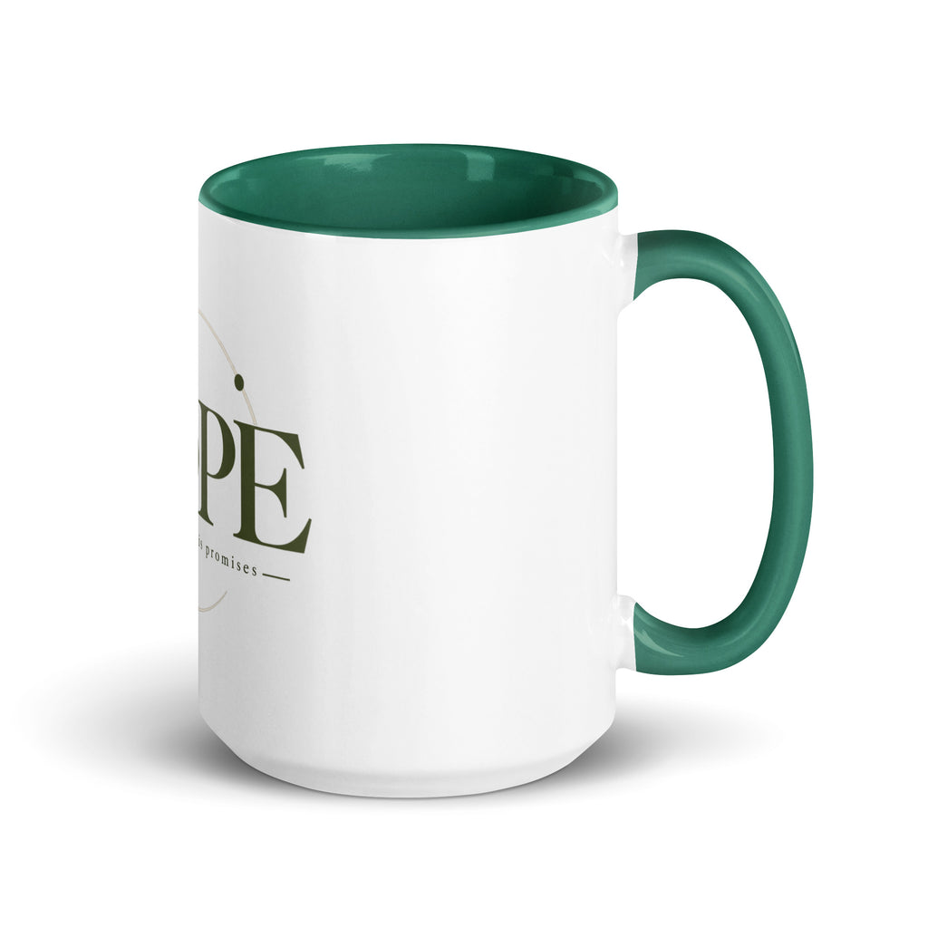 Hope — Anchored in His Promises Mug in Dark Green, 15 oz, Right
